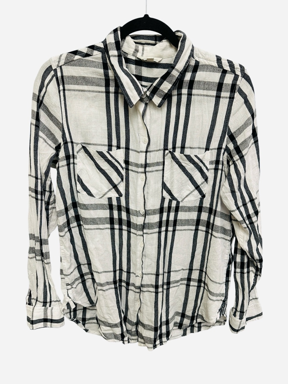 Lucky Brand black white plaid button down blouse double front pockets Size M